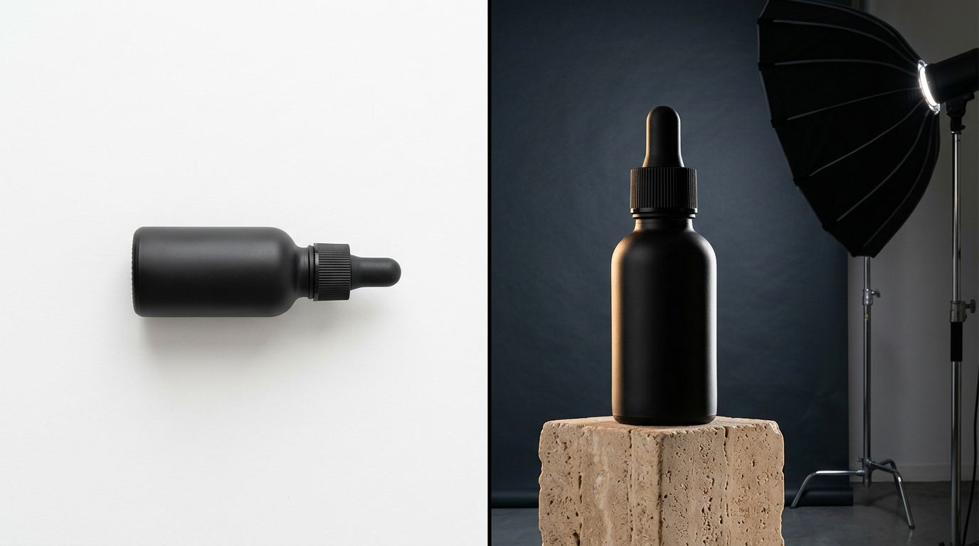 Side-by-side comparison of a cluttered product setup against a crisp, well-lit minimalist product image of skincare bottles on a white marble plinth.