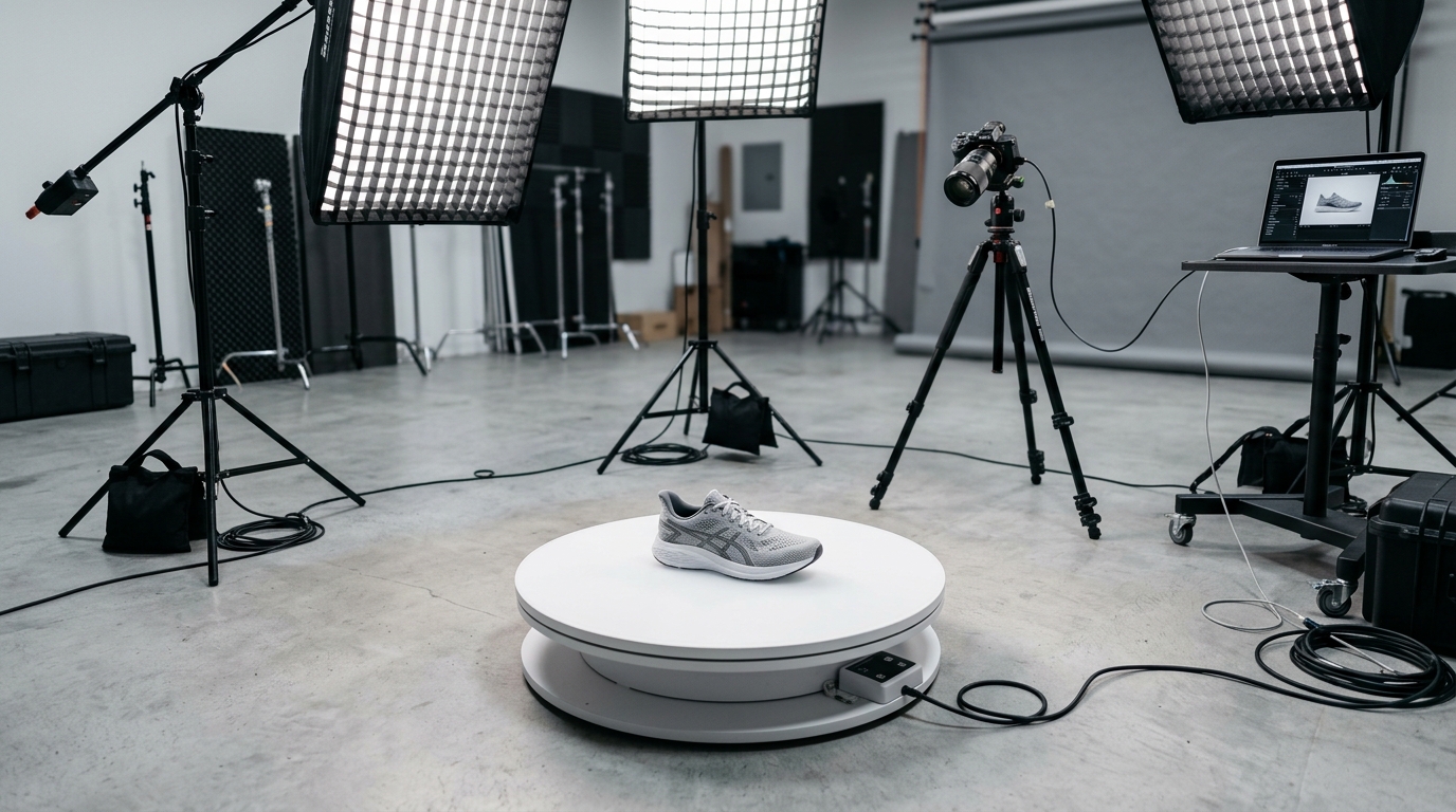 A digital camera mounted on a robotic arm capturing a white sneaker rotating on an automated turntable in a bright studio environment.