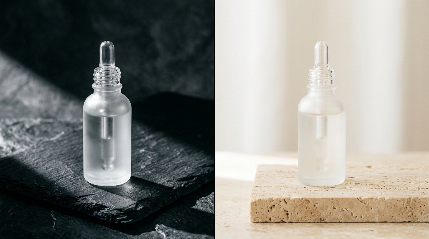 Split screen of two AI-generated ecommerce product photos showing a black leather handbag, one on a clean white background and the other in a luxury lifestyle setting