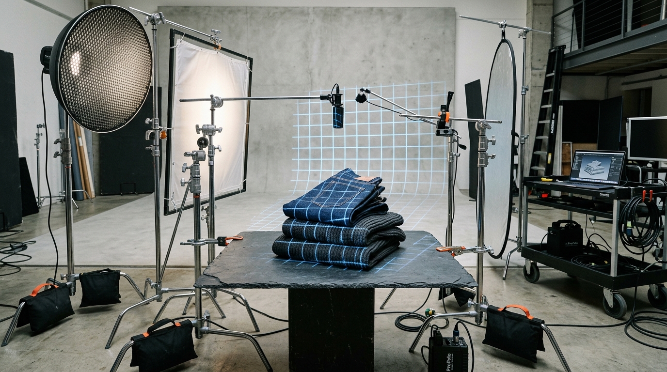 AI-generated on-model fashion photography of a casual summer outfit showing detailed fabric drape against a bright outdoor lifestyle setting