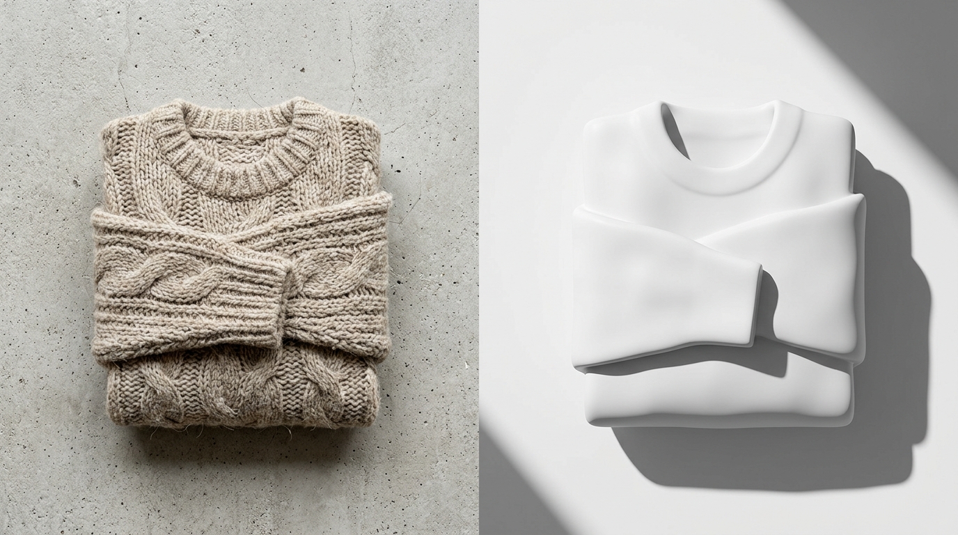 AI-generated on-model product image of a textured beige knit sweater against a concrete minimalist studio background