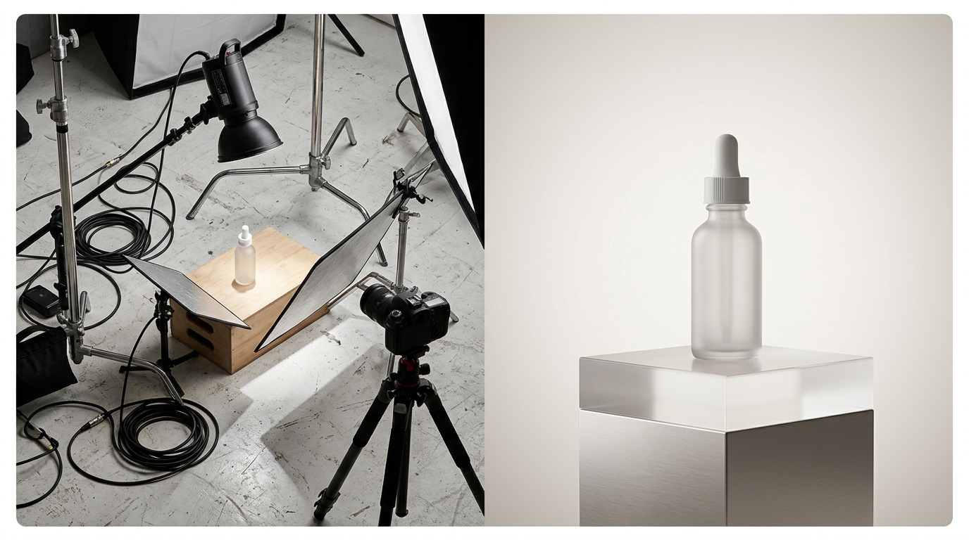 AI-generated on-model product image of a minimalist cosmetic bottle resting on a stone plinth with tropical shadows