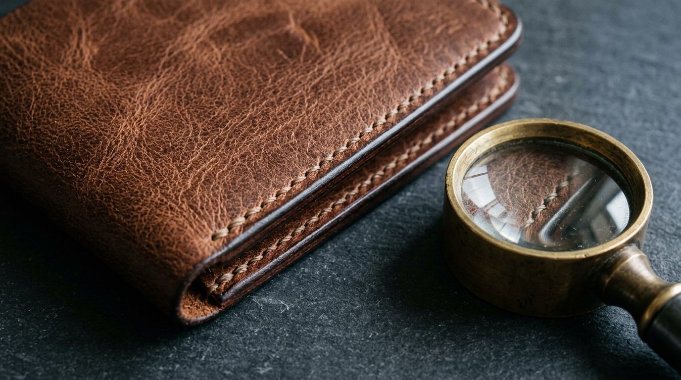 Side by side comparison of a standard flat lay photo and an AI generated on model lifestyle shot of a leather handbag