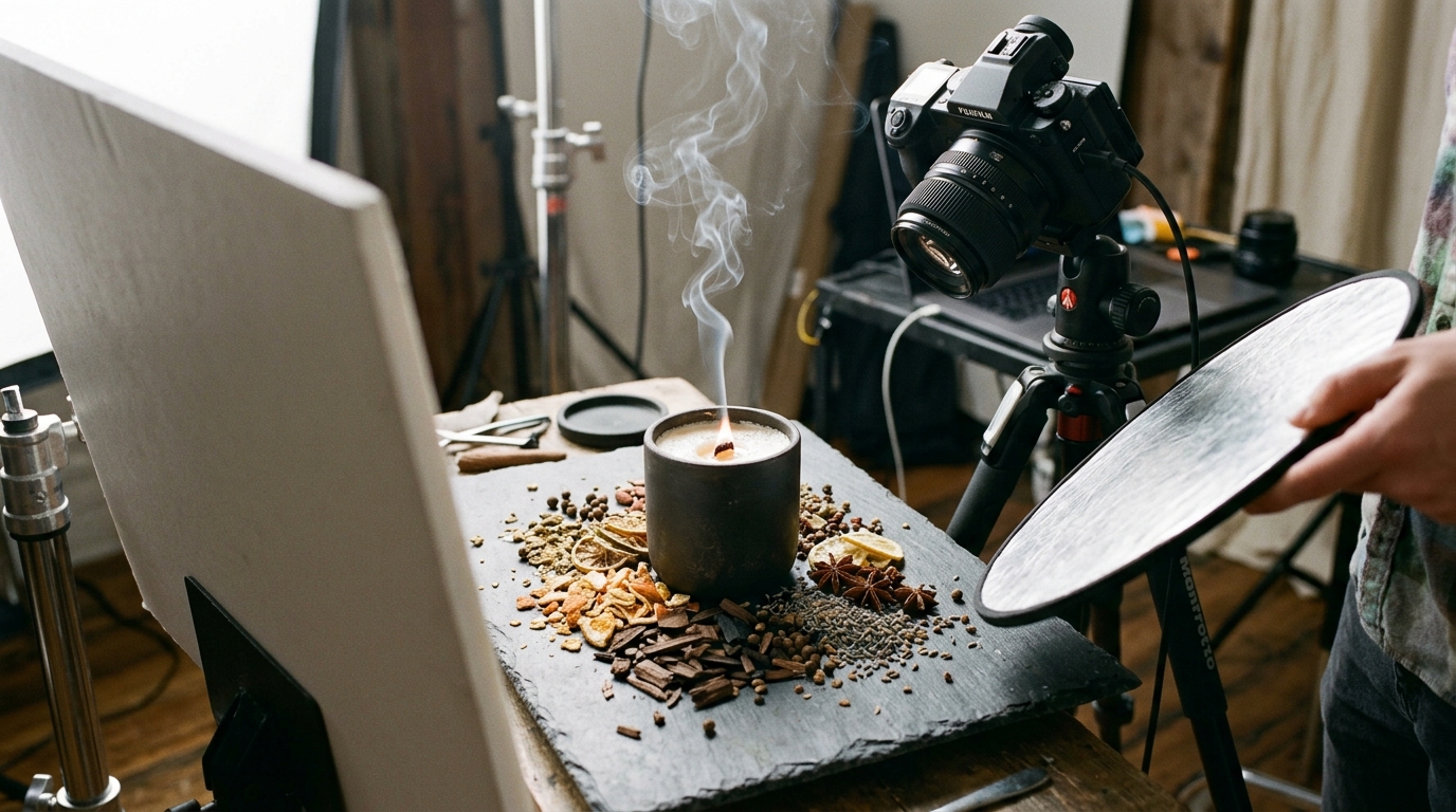 A lit, double-wick soy candle in a matte black glass jar resting on a marble countertop beside fresh lavender sprigs and styling props