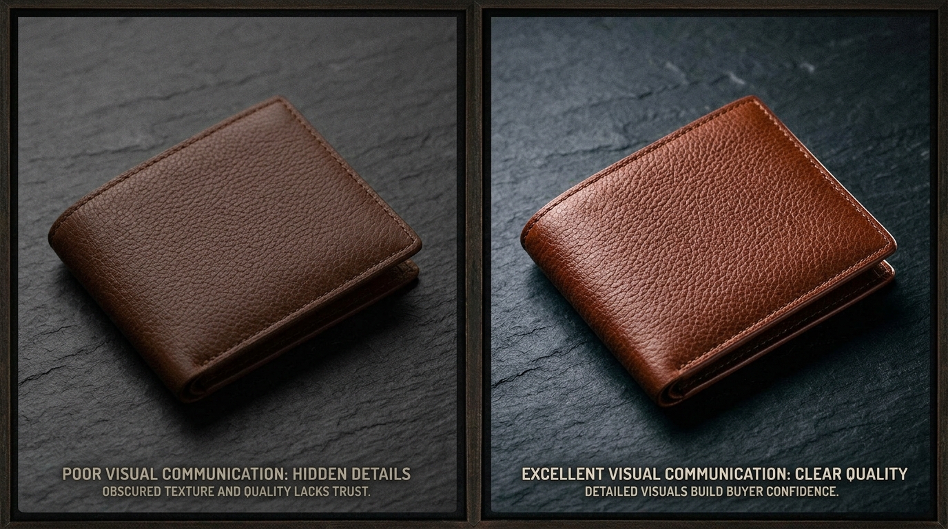 A mobile checkout screen displaying a high-resolution professional product image of a leather tote bag alongside clear security badges and an Apple Pay button