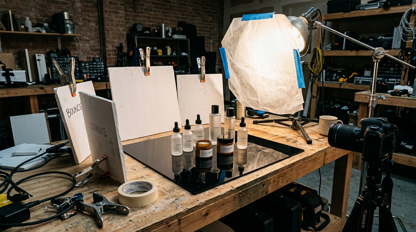 AI-generated cosmetics product photography of sleek glass foundation bottles and compacts resting on minimal neutral podiums with soft shadow gradients.