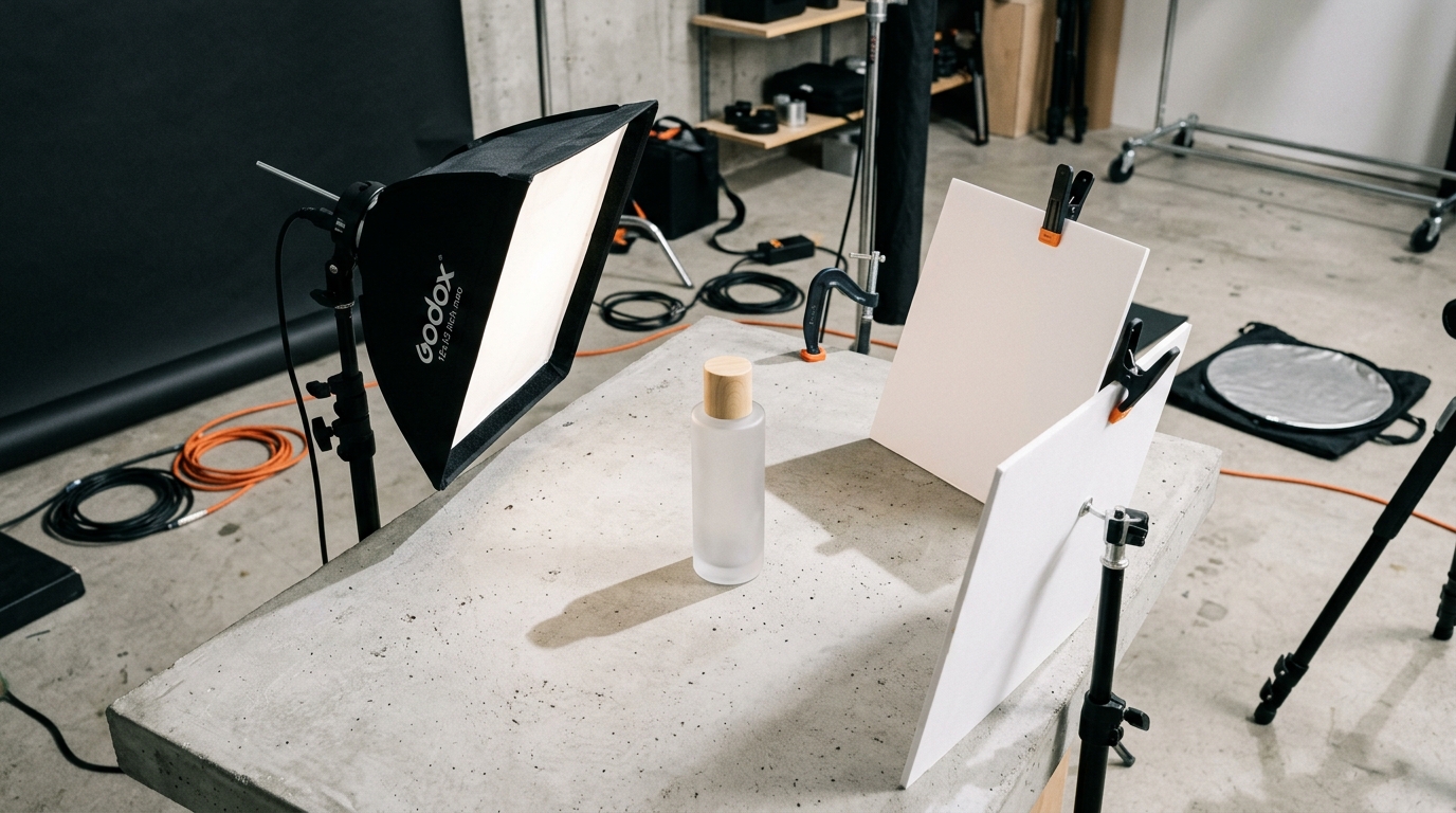 AI-generated on-model product image of casual apparel against a warm minimalist backdrop