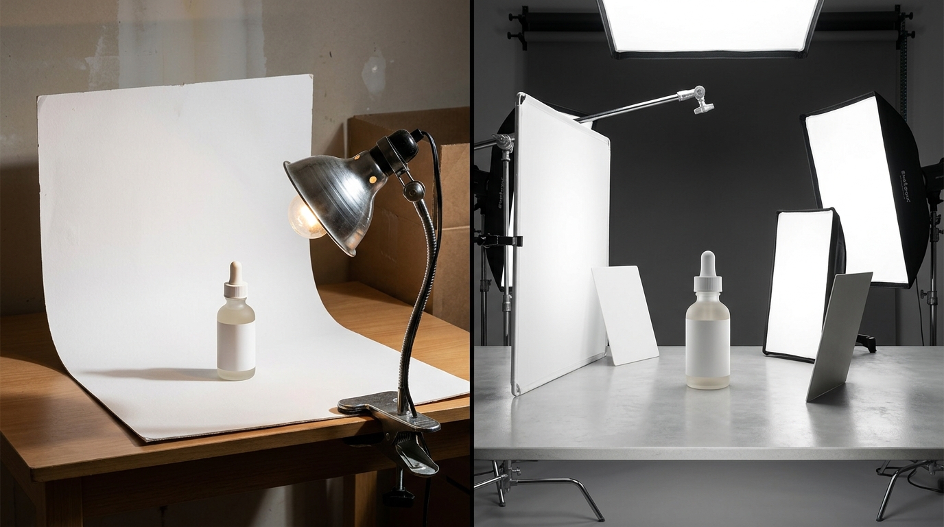 A makeshift DIY product photography setup on a wooden desk featuring a paper sweep, a ring light, and a DSLR camera capturing a small skincare bottle.