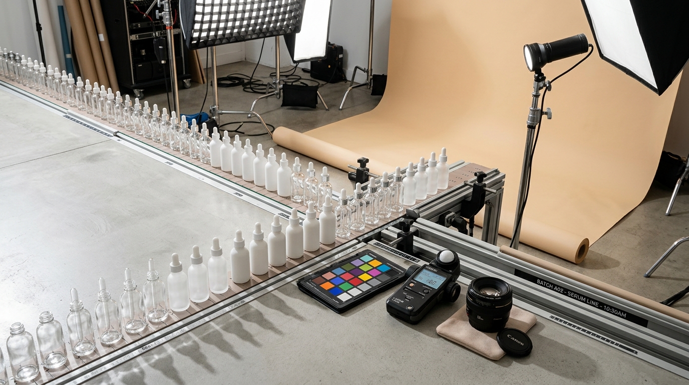 A comprehensive digital dashboard showing an ecommerce content calendar populated with AI-generated on-model product photos and minimalist studio shots.