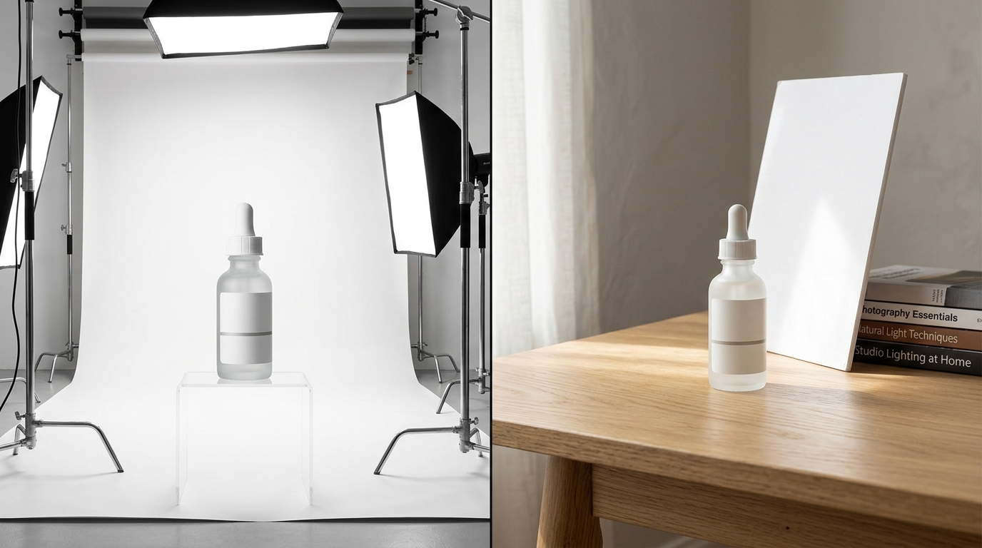 Side-by-side comparison showing a raw smartphone photo of a leather bag next to a professionally lit ecommerce photography studio output