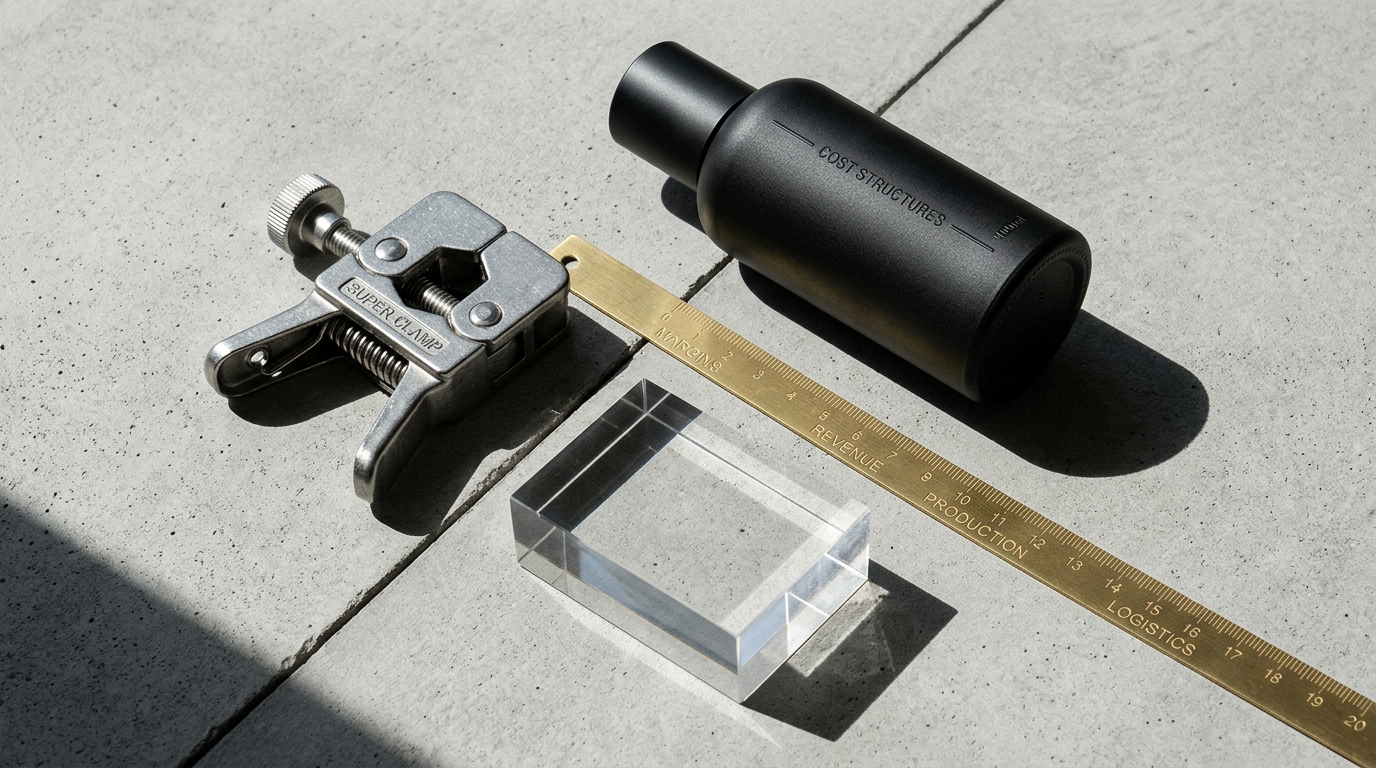 A flatlay product photo of a leather wallet surrounded by financial ledger books and a calculator on a wooden desk