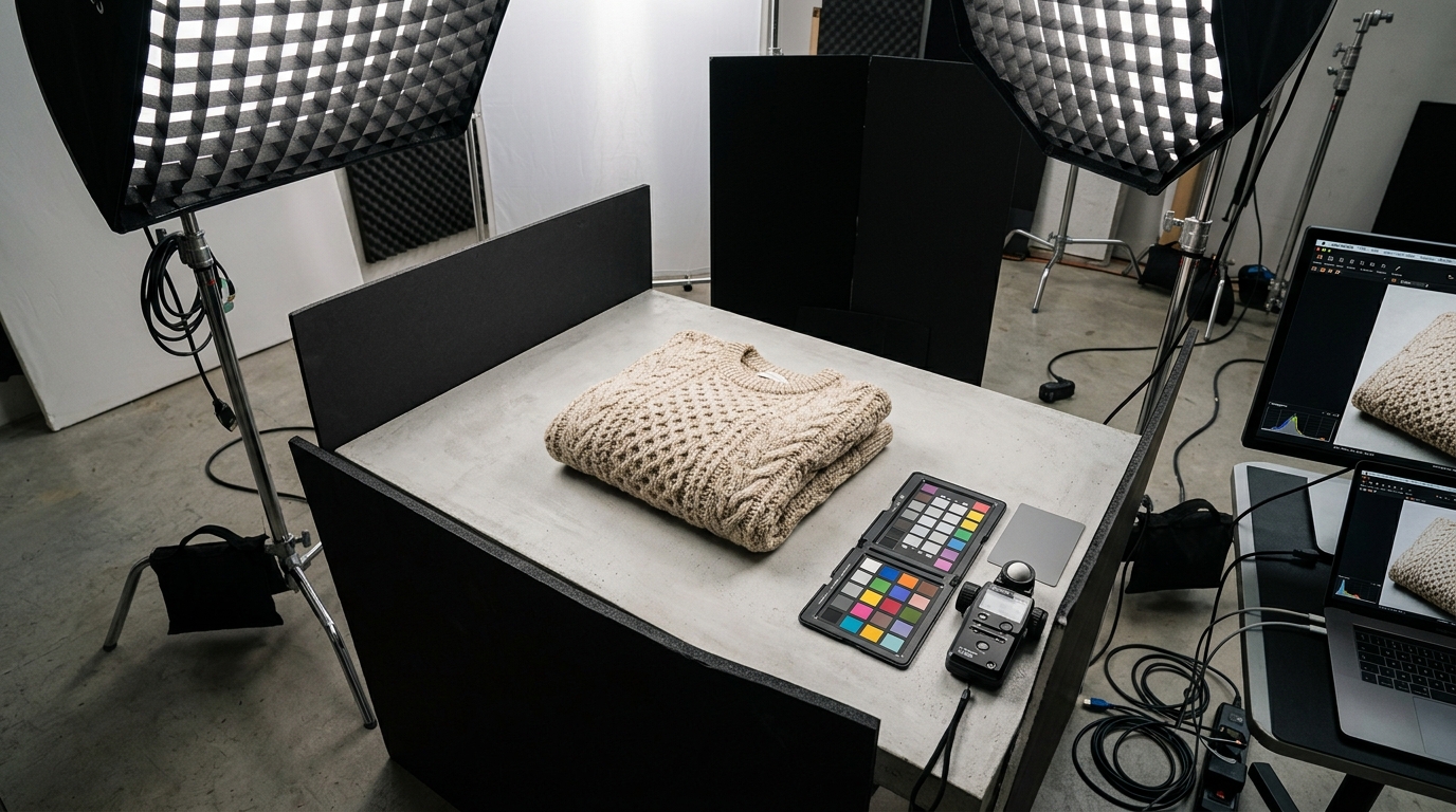 AI-generated on-model product image of a textured wool sweater in a natural light setting to demonstrate accurate fit and material scale.