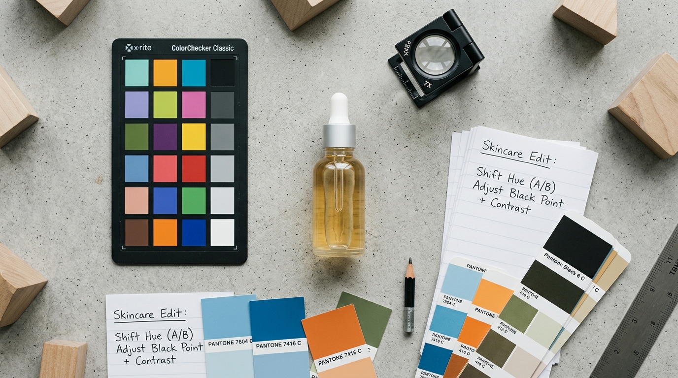 An AI-generated product image showing a glass skincare bottle placed cleanly on a minimalist marble surface with natural shadows.