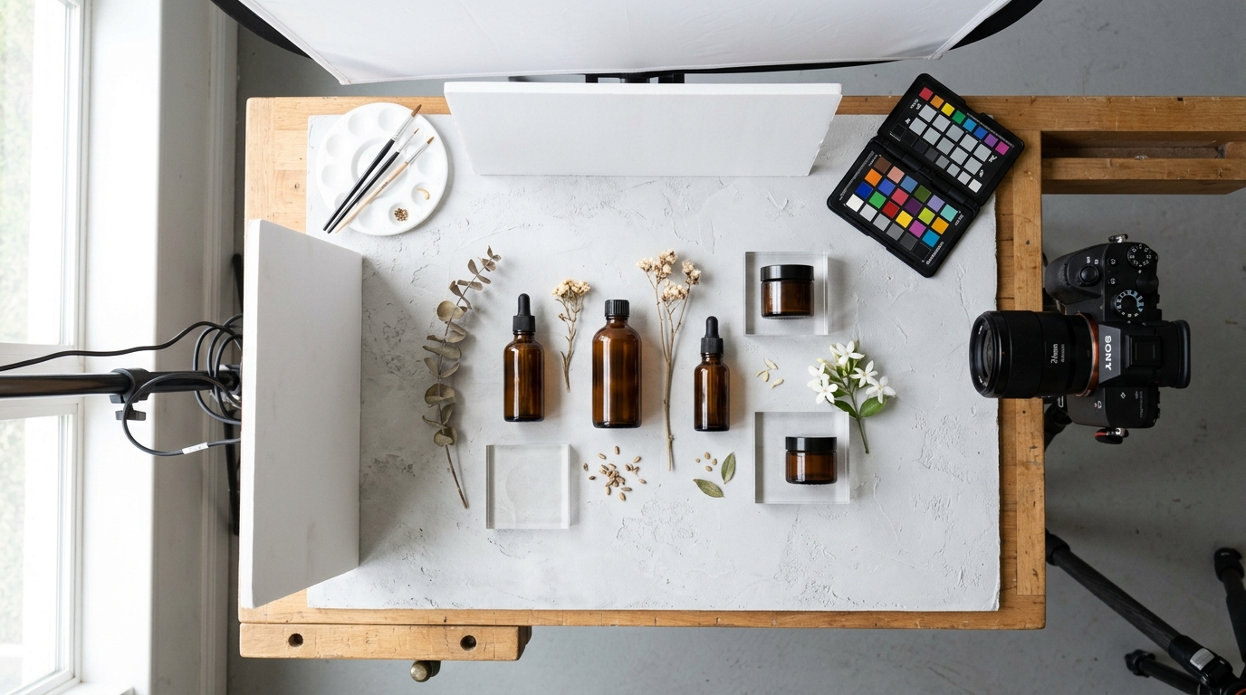 Overhead product photography of folded neutral-toned apparel and accessories arranged neatly on a smooth beige surface