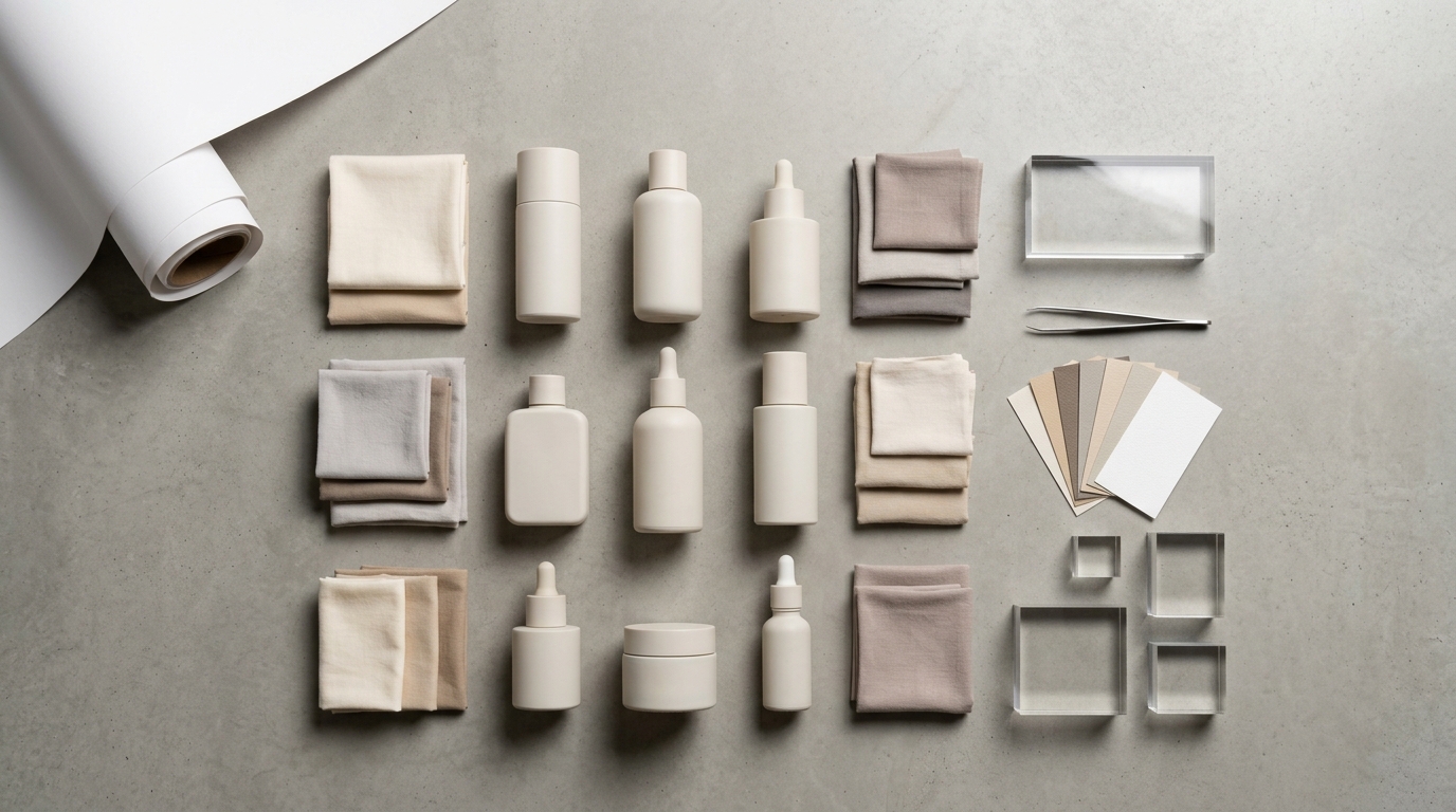 Overhead flat lay product photography of a leather wallet and brass keys arranged on a textured stone surface with natural diffused lighting