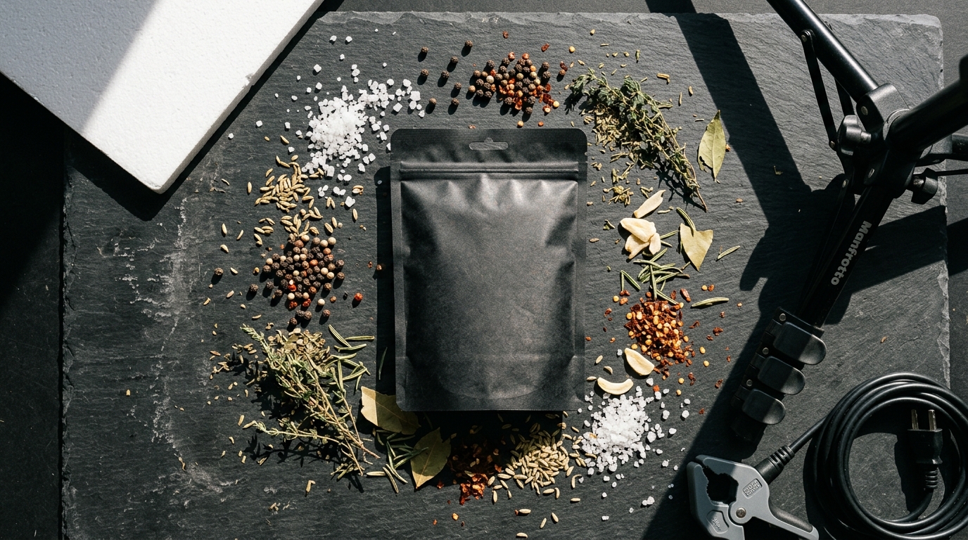 AI-generated lifestyle product photo showing a glossy snack package surrounded by fresh raw ingredients on a rustic kitchen counter