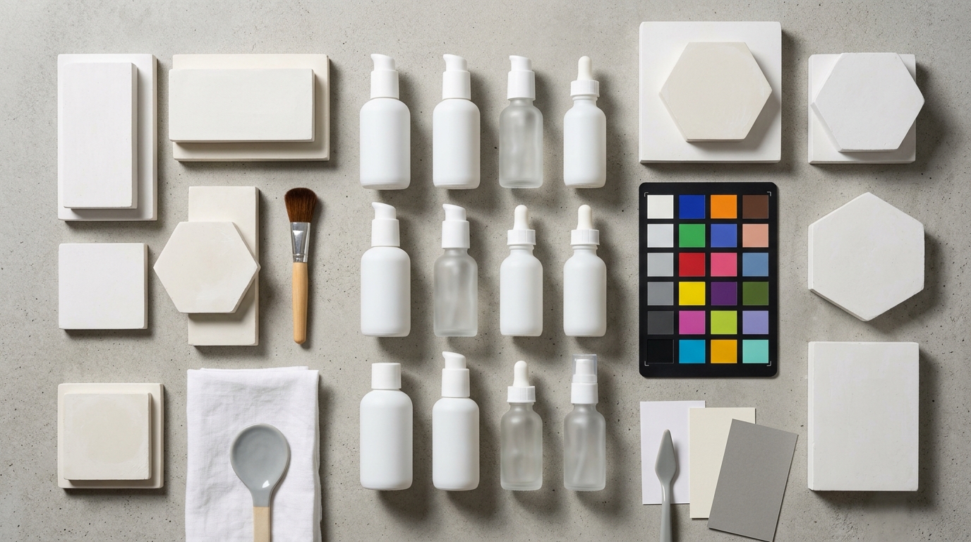 AI-generated on-model product image of a newly launched leather messenger bag positioned on a marble table in a well-lit modern office setting