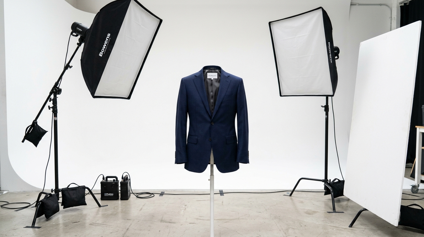 AI-generated ghost mannequin effect of a tailored navy blazer floating against a bright minimalist studio background