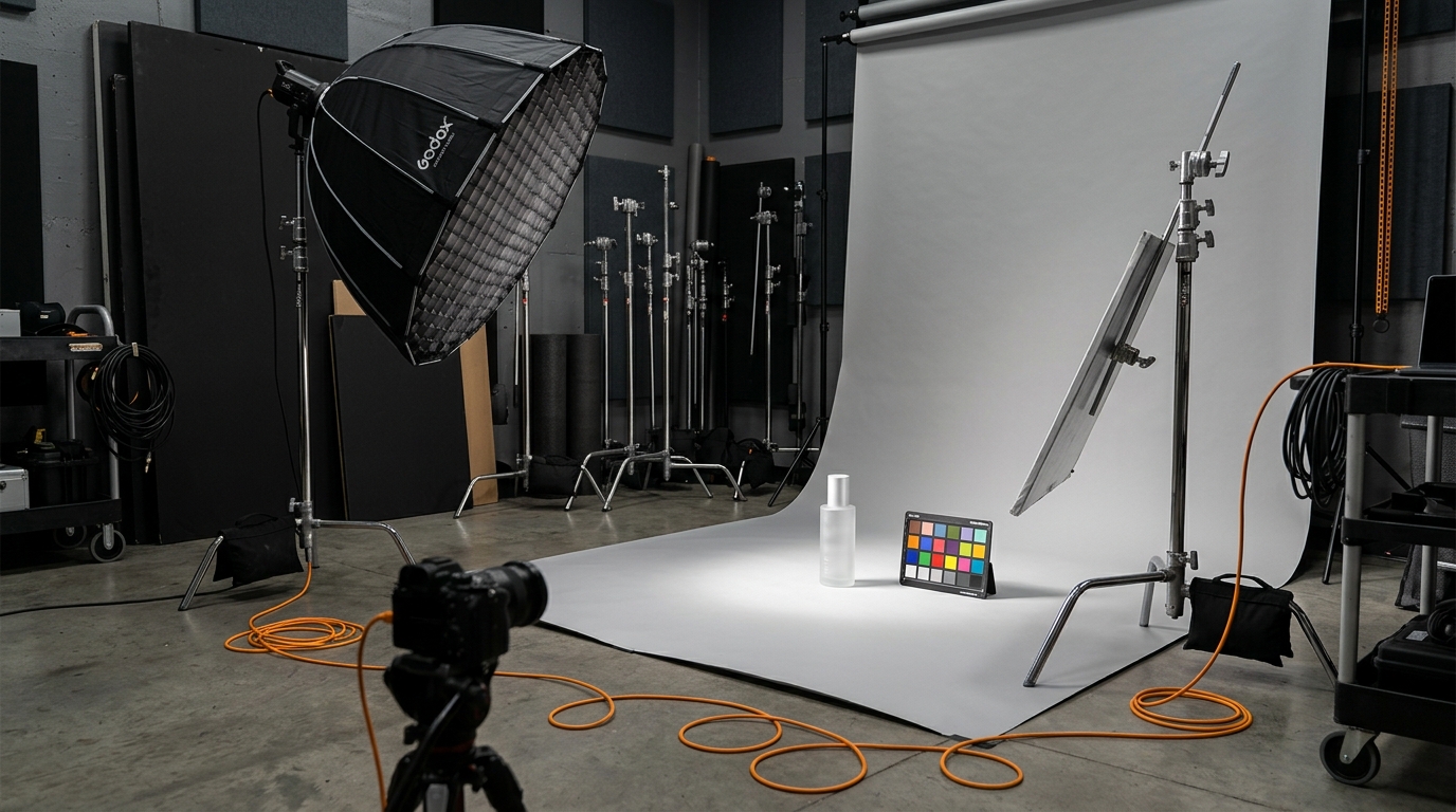 A female photographer adjusting a studio strobe light over a white ceramic coffee cup on a seamless paper backdrop