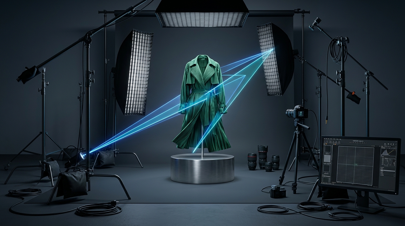 AI-generated on-model product image showing a female model wearing a beige trench coat walking down a sunlit city street