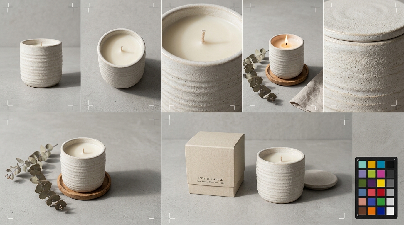 AI-generated ecommerce gallery grid showing a minimalist skincare bottle from a front hero angle, a top-down view, and an elegant bathroom lifestyle setting