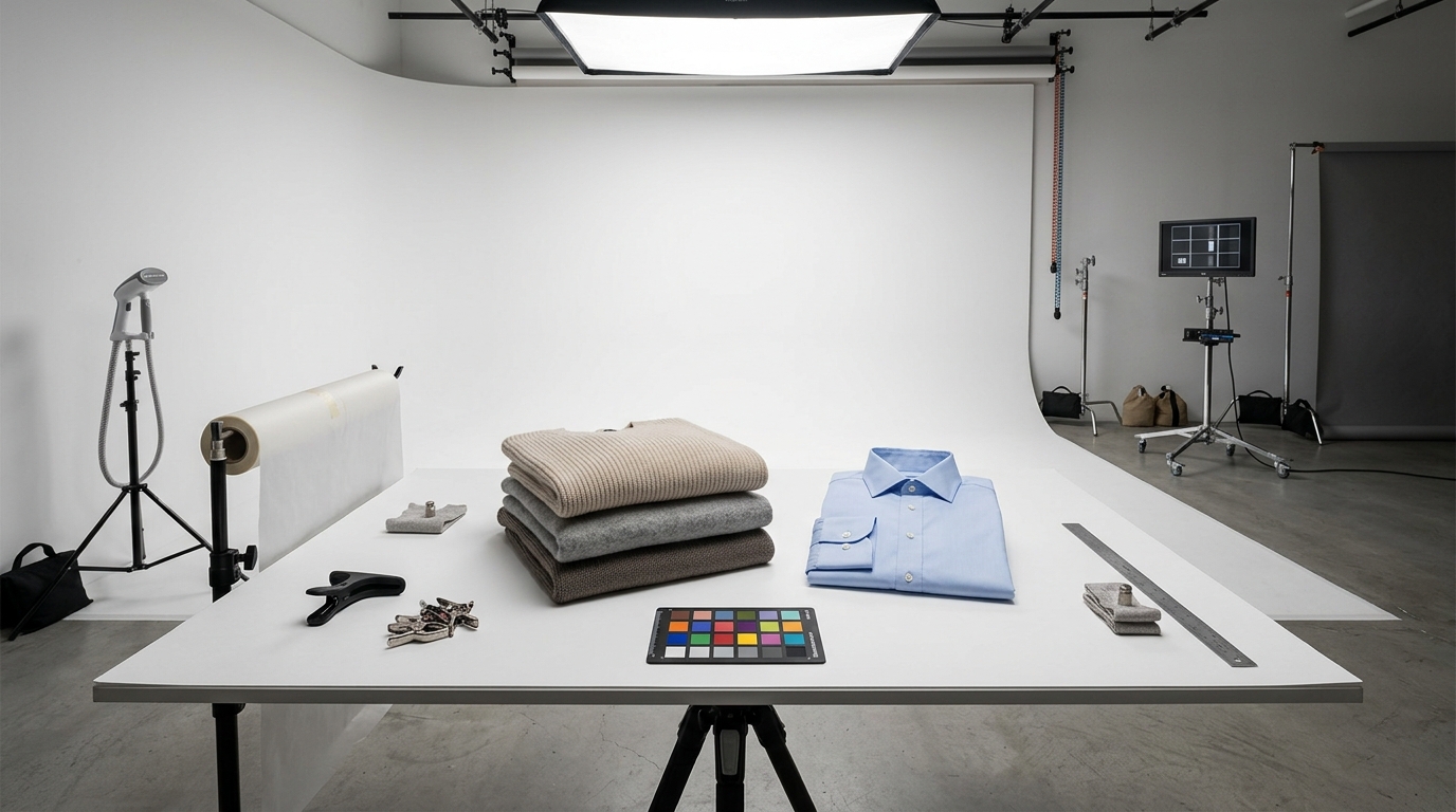 AI-generated on-model product image of a white cotton t-shirt and denim jeans against a bright minimalist studio background