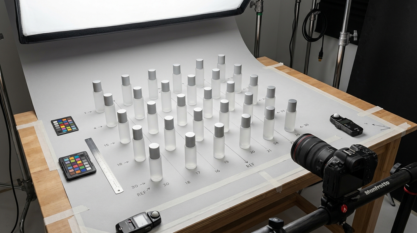 AI-generated on-model product image of a white linen shirt against a minimalist studio background showing perfectly uniform lighting