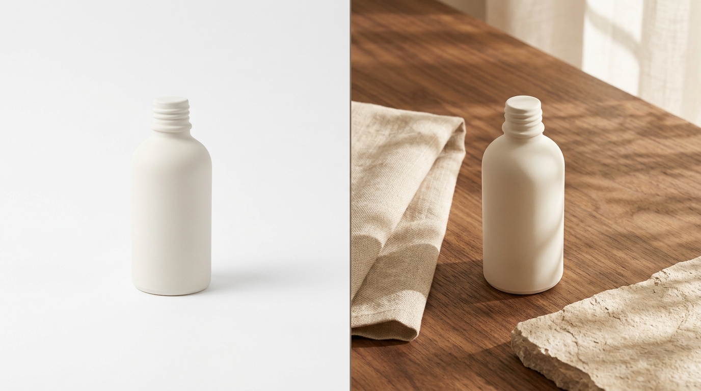 AI-generated contextual product photography showing a sleek ceramic coffee mug on a natural oak table beside an open magazine, illuminated by soft morning window light