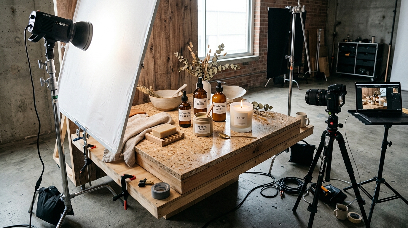 AI-generated lifestyle product image of a sleek white coffee machine sitting on a modern kitchen counter with morning sunlight filtering through a window