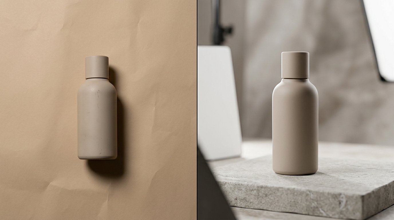 A comparison of a basic flat-lay product photo next to an AI-generated on-model shot of a leather crossbody bag in a modern urban setting.