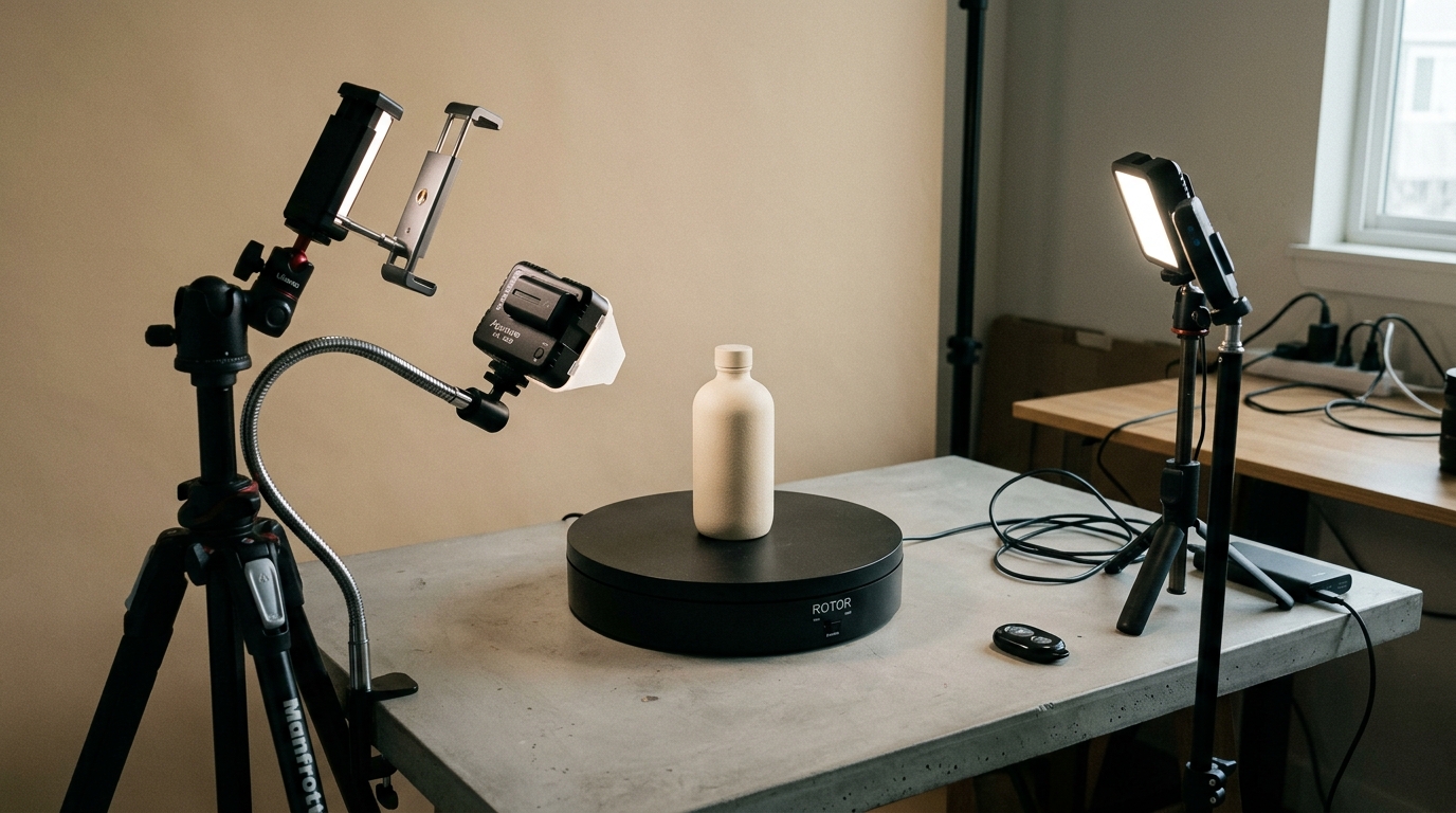 A top-down view of a smartphone attached to an overhead ring light tripod recording a skincare bottle on a marble countertop with natural window lighting