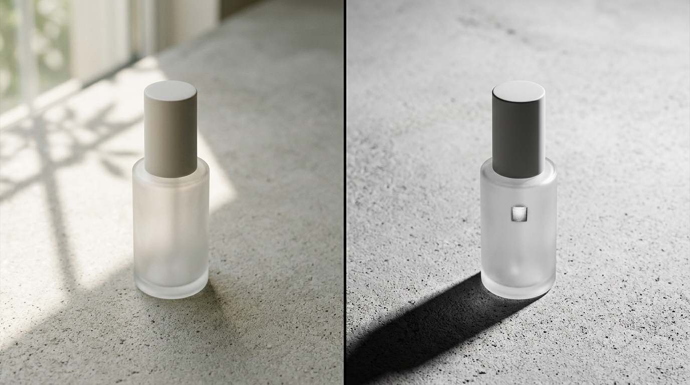 A minimalist product photography setup featuring skincare bottles on a textured stone plinth bathed in soft diffused window light against a neutral background