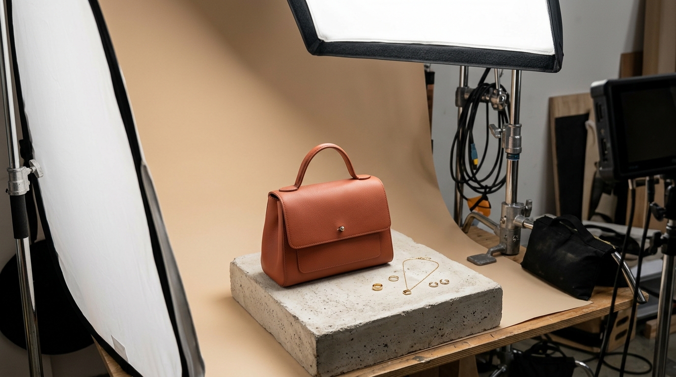 AI-generated product photo of a structured tan leather handbag sitting on a textured stone plinth with soft directional lighting
