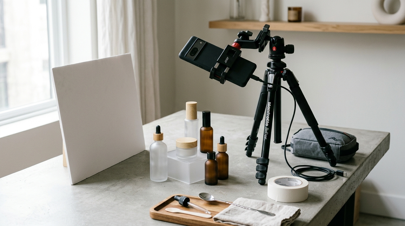A smartphone mounted securely on a tabletop tripod photographing a sleek cosmetic bottle against a diffused window light setup.