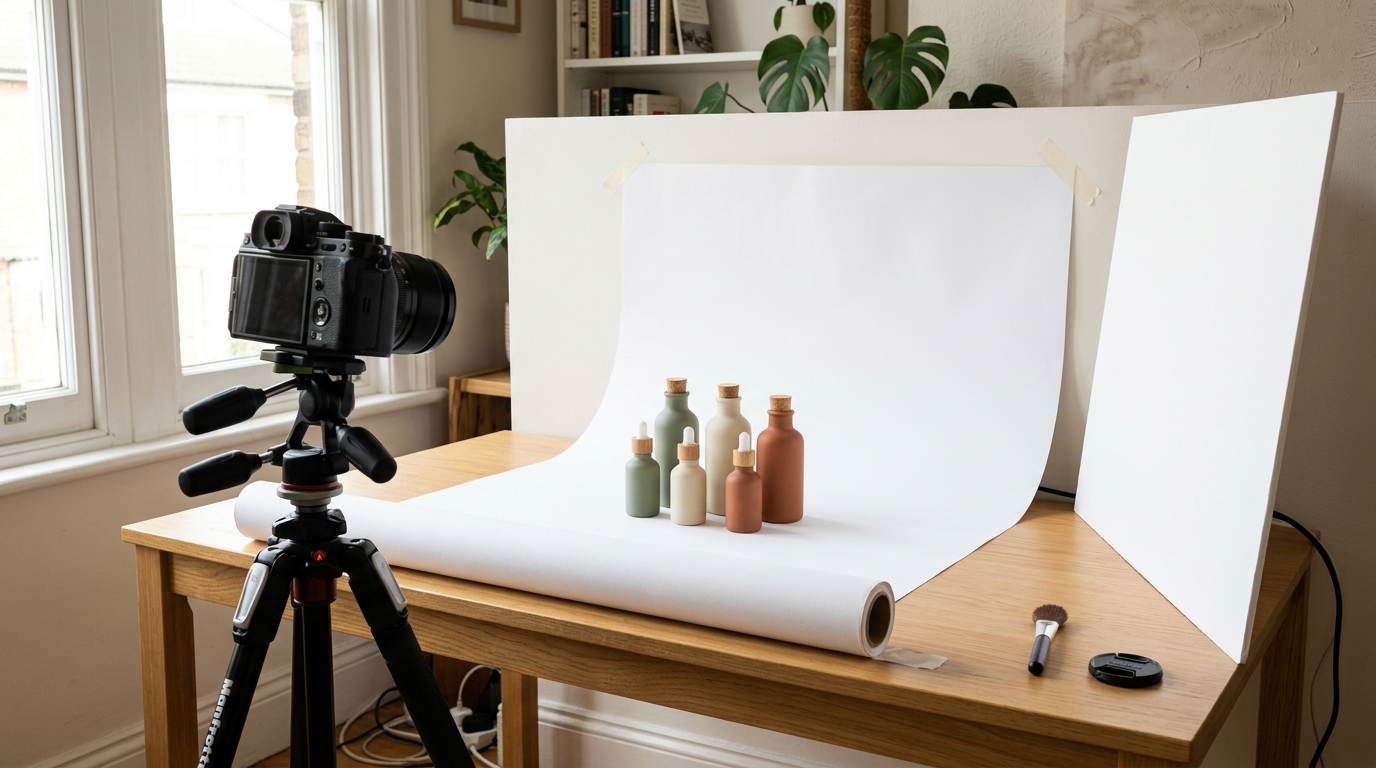 A physical DIY white background product photography setup showing a curved white paper sweep on a wooden table with softbox lights pointed at a cosmetic bottle