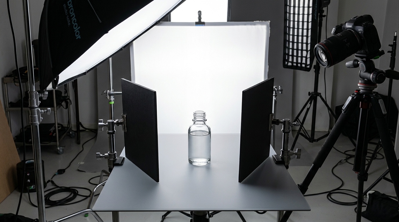 Clear glass cosmetic bottles photographed against a soft neutral background with sharp edge lighting highlighting the product silhouette