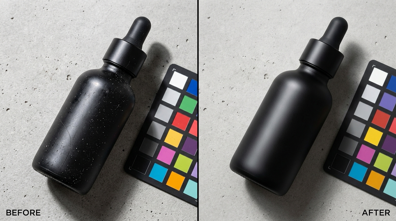 Side by side comparison of a raw on-model fashion photo and a final retouched ecommerce image featuring a tailored navy blazer