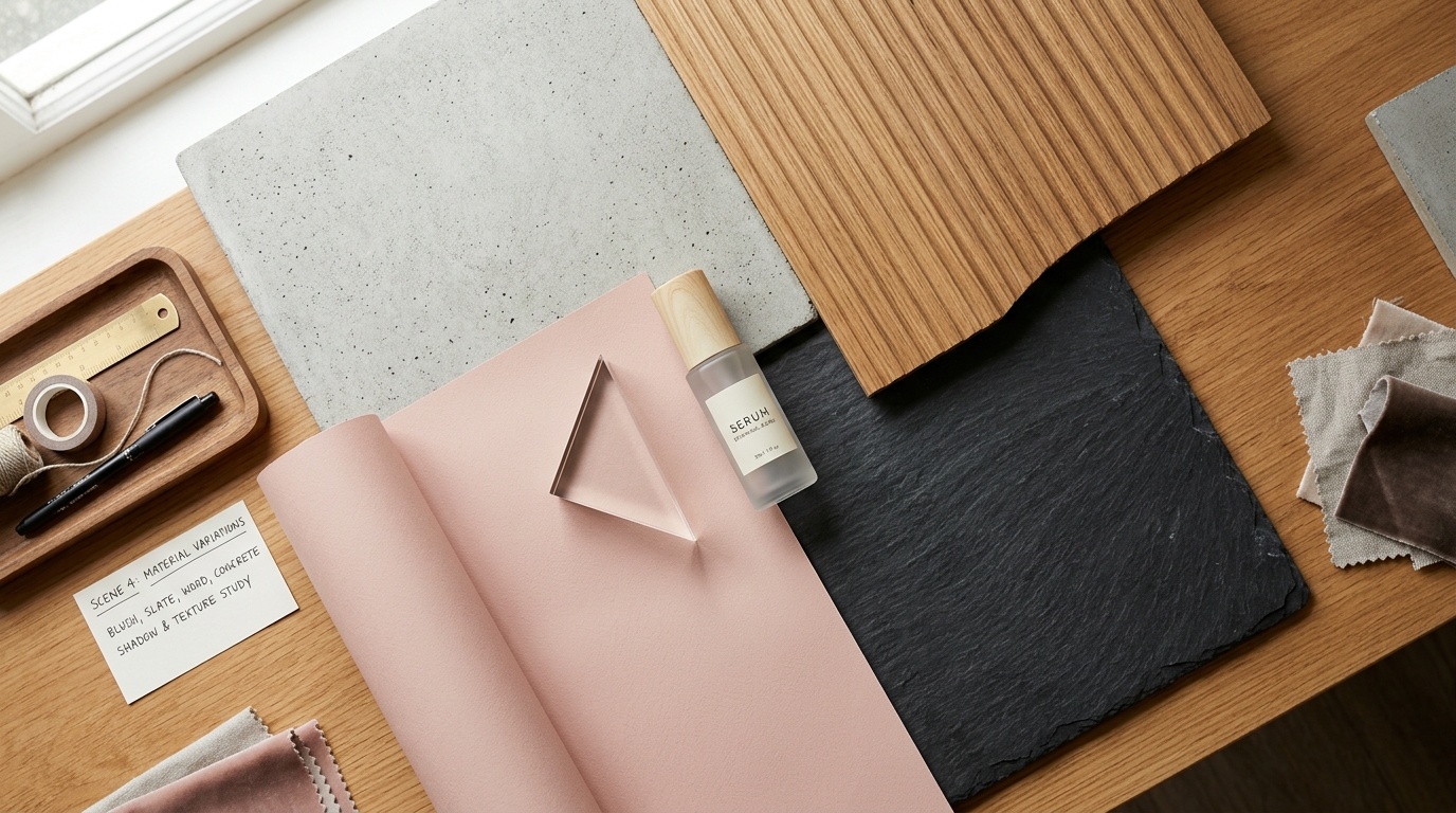 AI-generated product photo featuring a sleek glass perfume bottle placed on a minimalist textured stone background with soft natural lighting