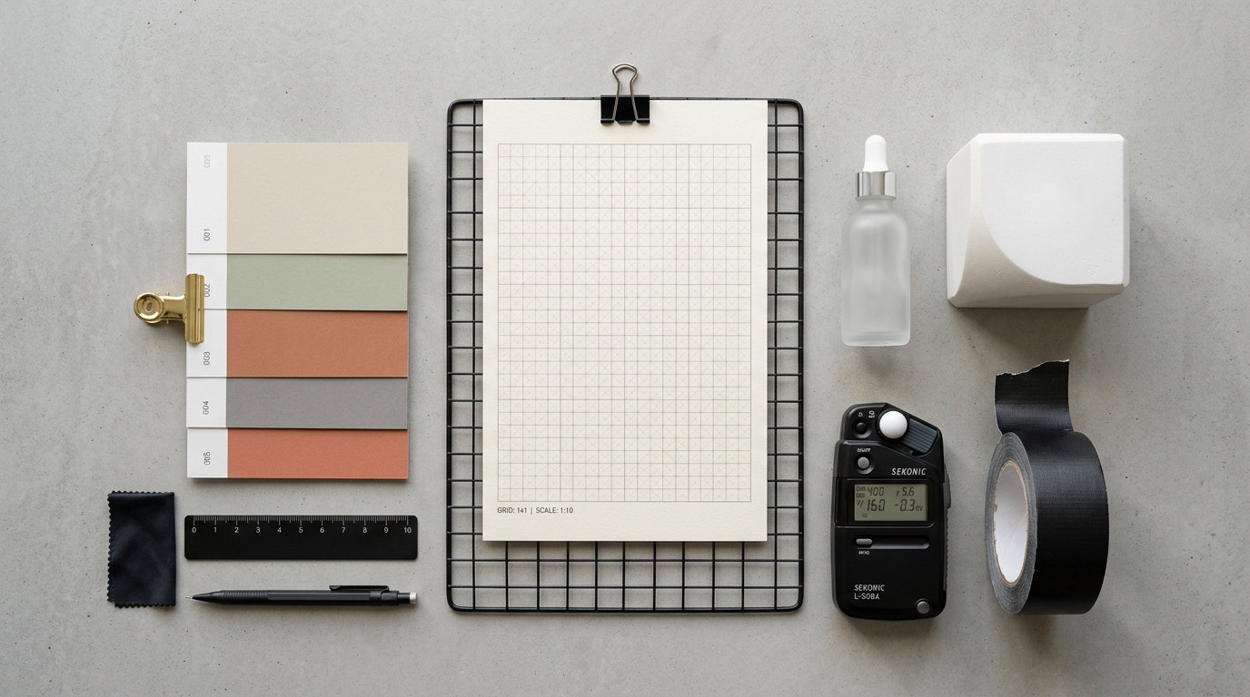 AI-generated product image of a sleek glass skincare bottle surrounded by botanical ingredients on a marble vanity top
