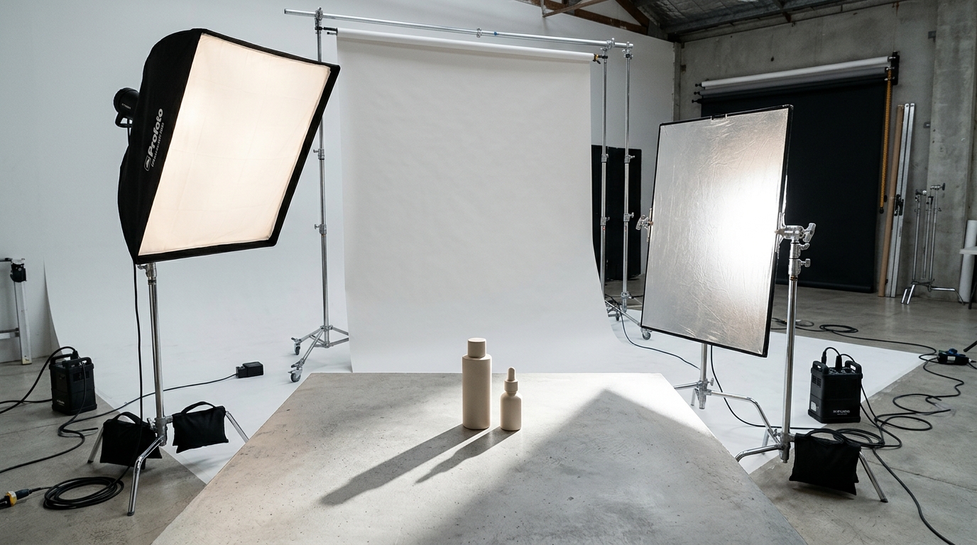 A clean ecommerce product photography setup showing a softbox light illuminating small retail items against a seamless background.