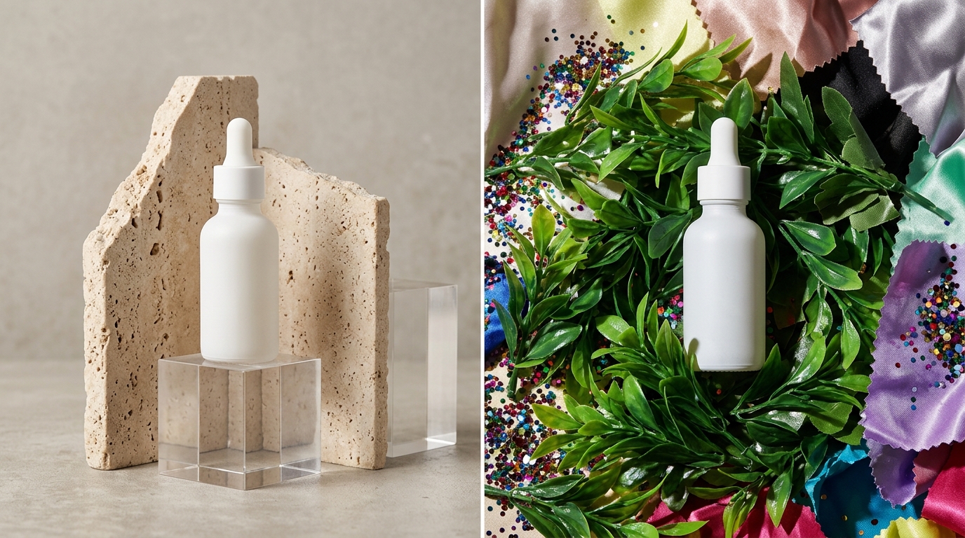 Minimalist product photo composition featuring a cosmetics bottle resting on sleek geometric plinths with soft architectural lighting.