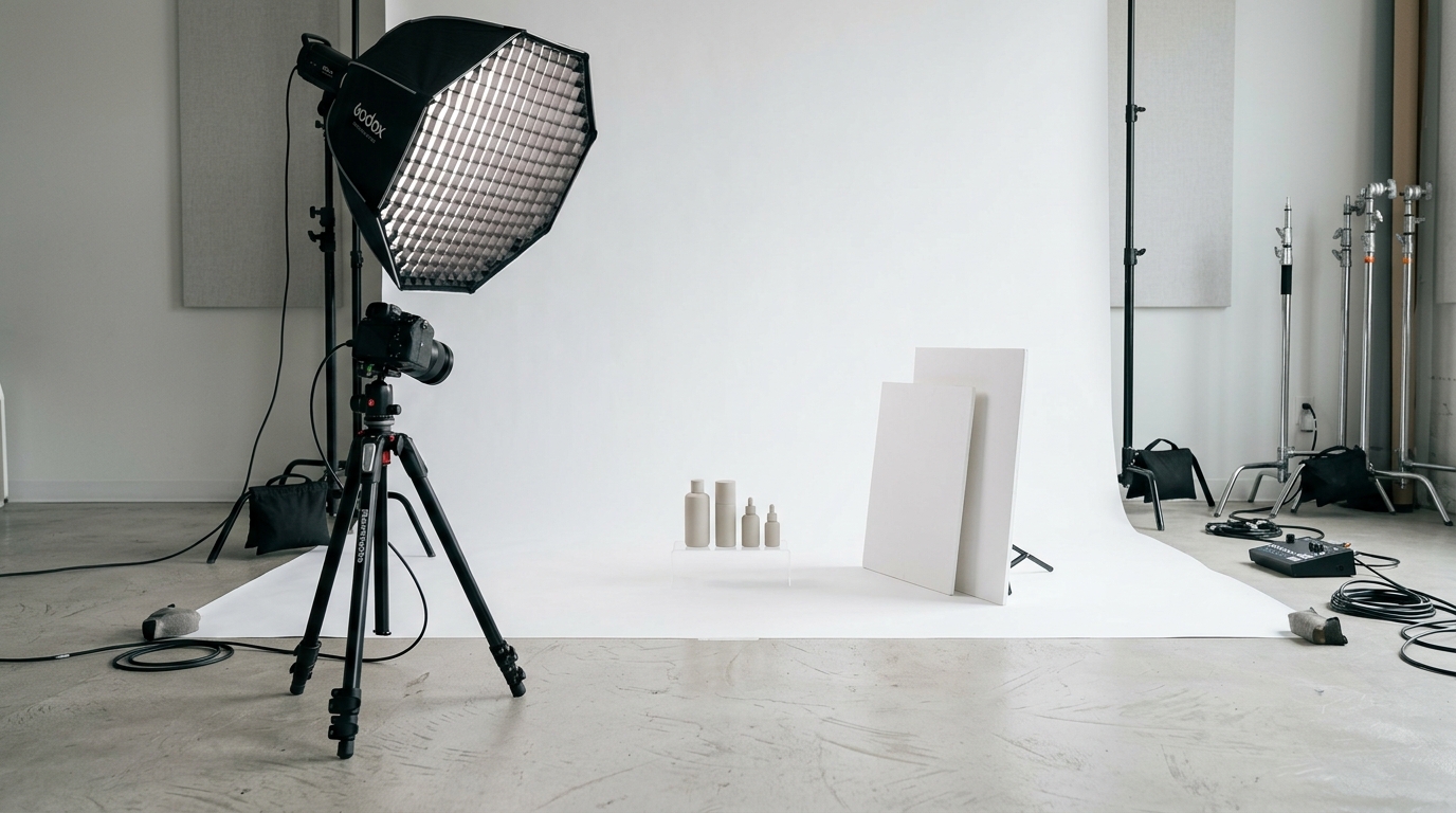 A two-light product photography studio setup featuring a white paper sweep background, two softbox continuous lights, and a digital camera mounted on a professional tripod