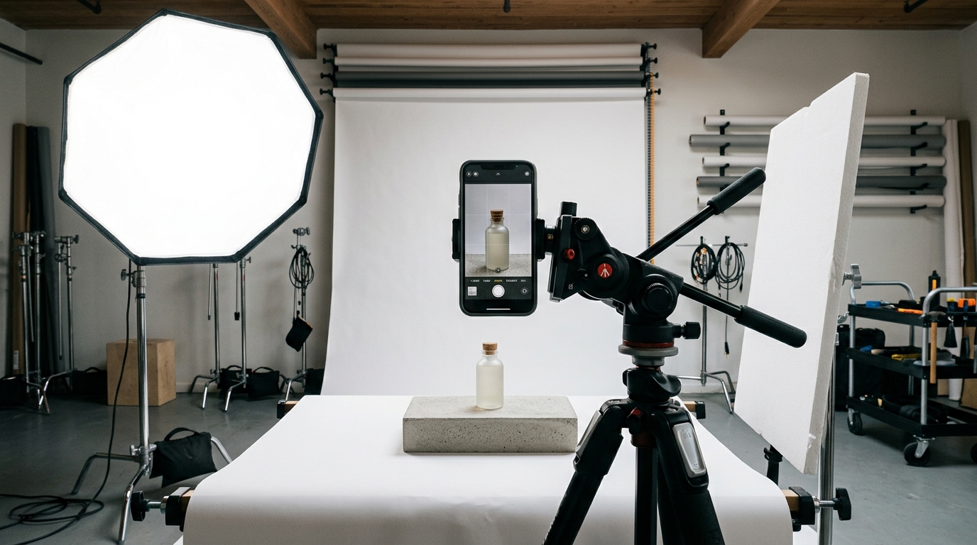 A desk setup showing an iPhone mounted on a small tripod photographing a matte ceramic coffee mug against a seamless white paper sweep.