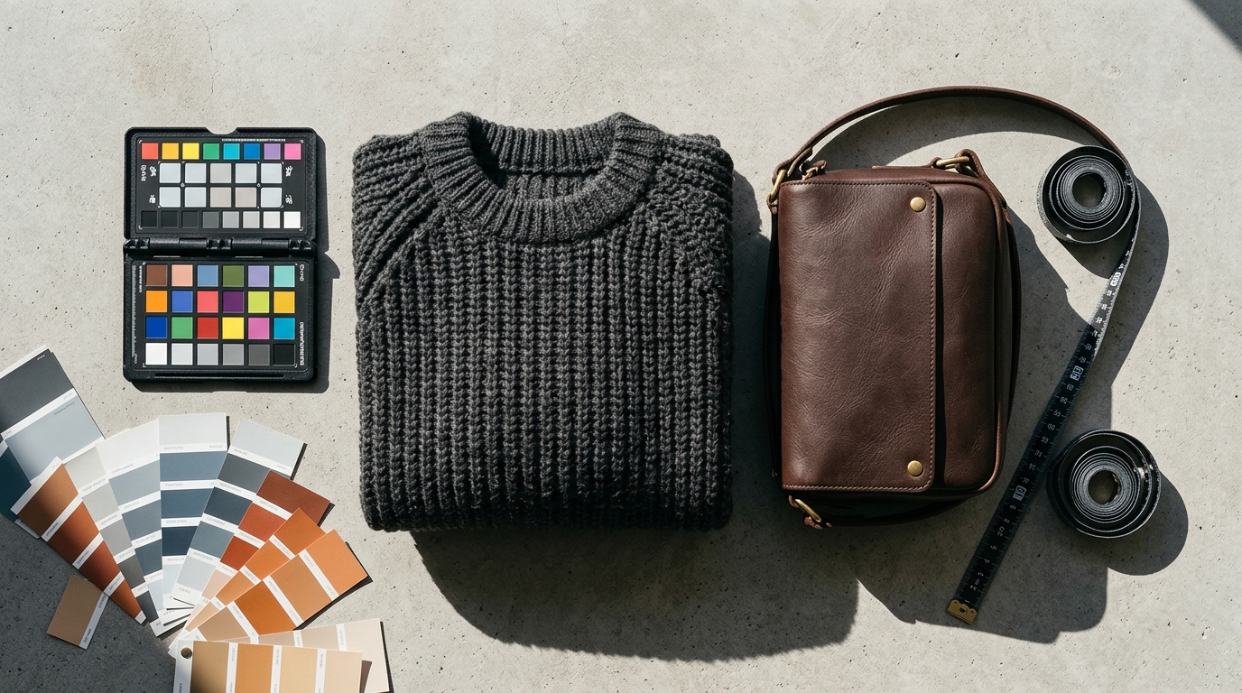 AI-generated on-model product image of a textured neutral sweater demonstrating accurate fabric weave and fit context against a minimalist studio background