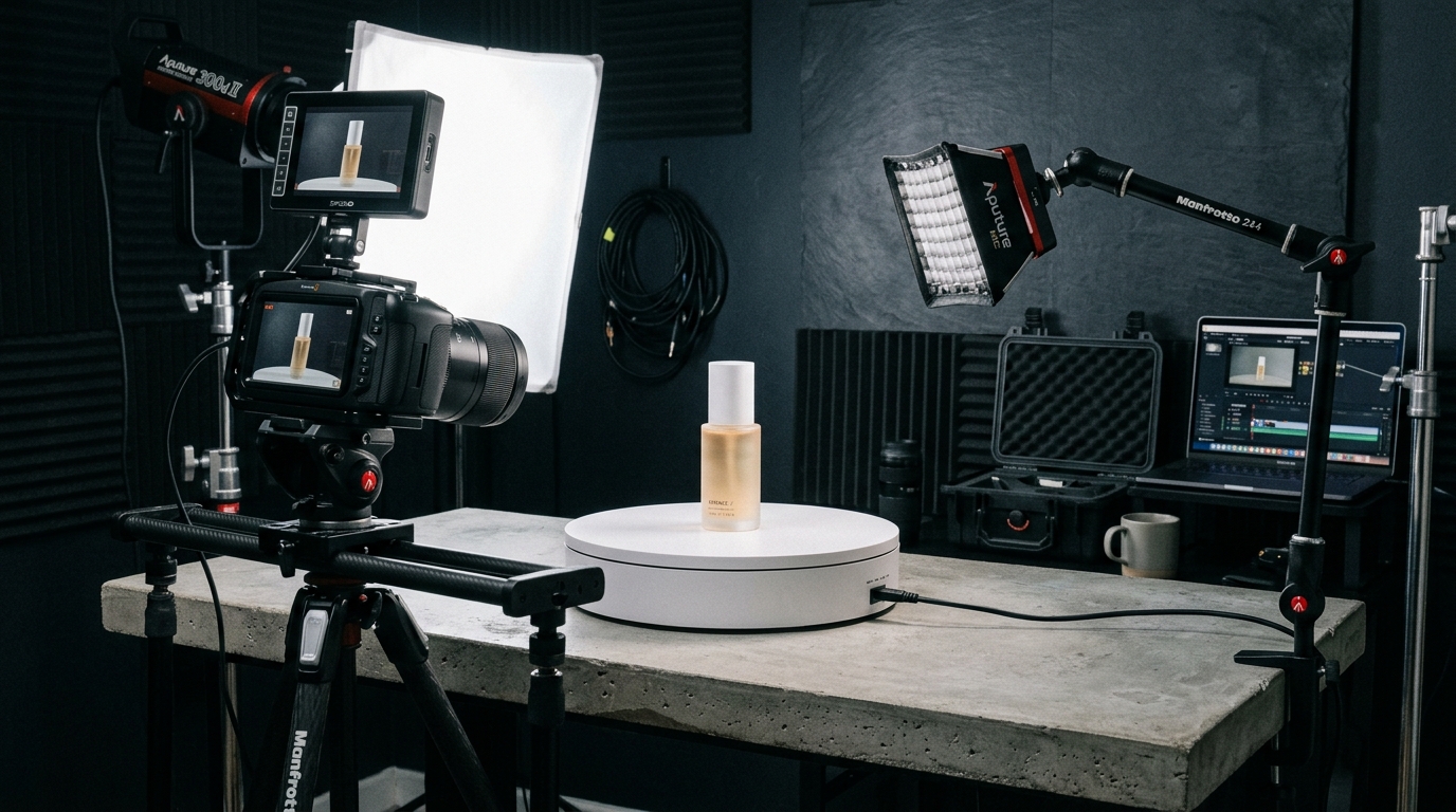 Dynamic social media product video ad interface showing a skincare bottle with bold text overlays and engagement metrics against a bright background