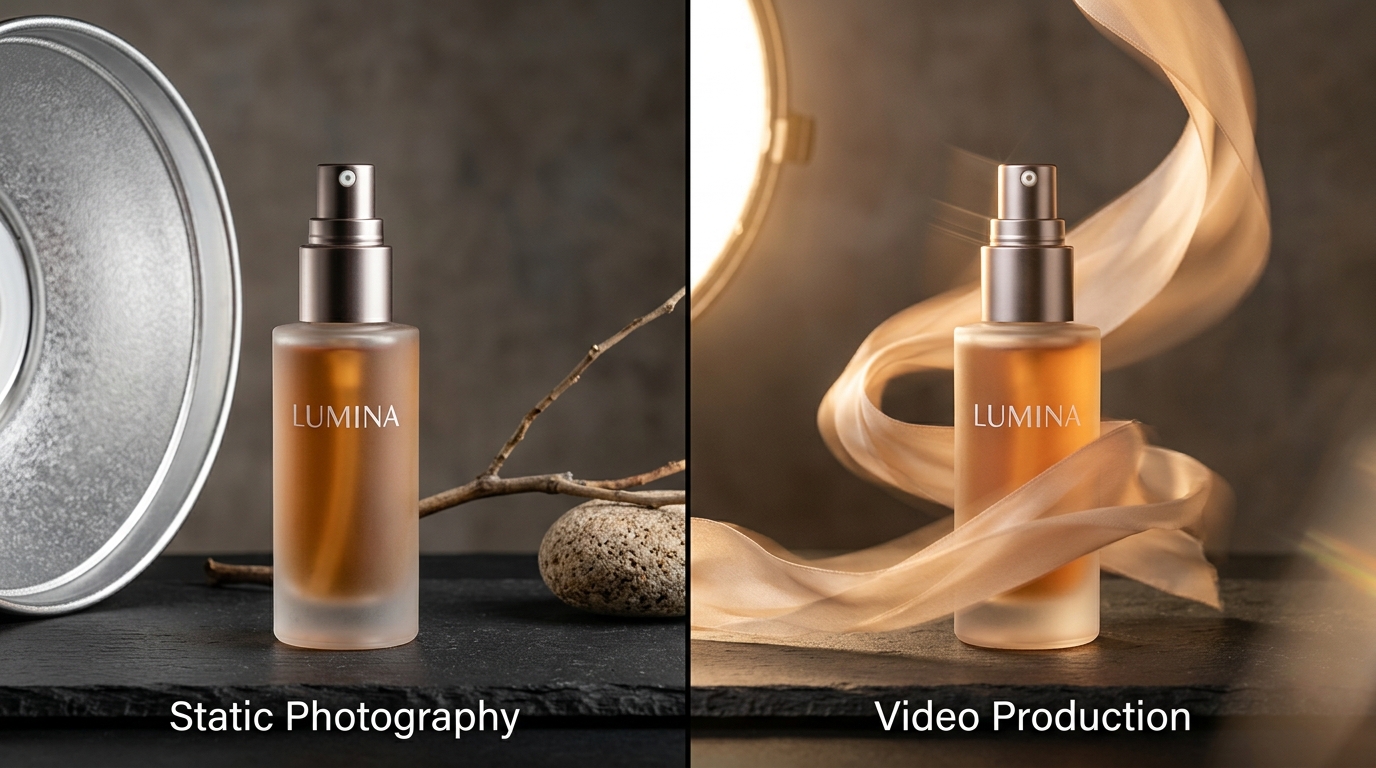 Side by side split screen showing a dynamic product video of a waterproof jacket repelling rain next to a clean static lifestyle photo of the same jacket on a minimalist gray background