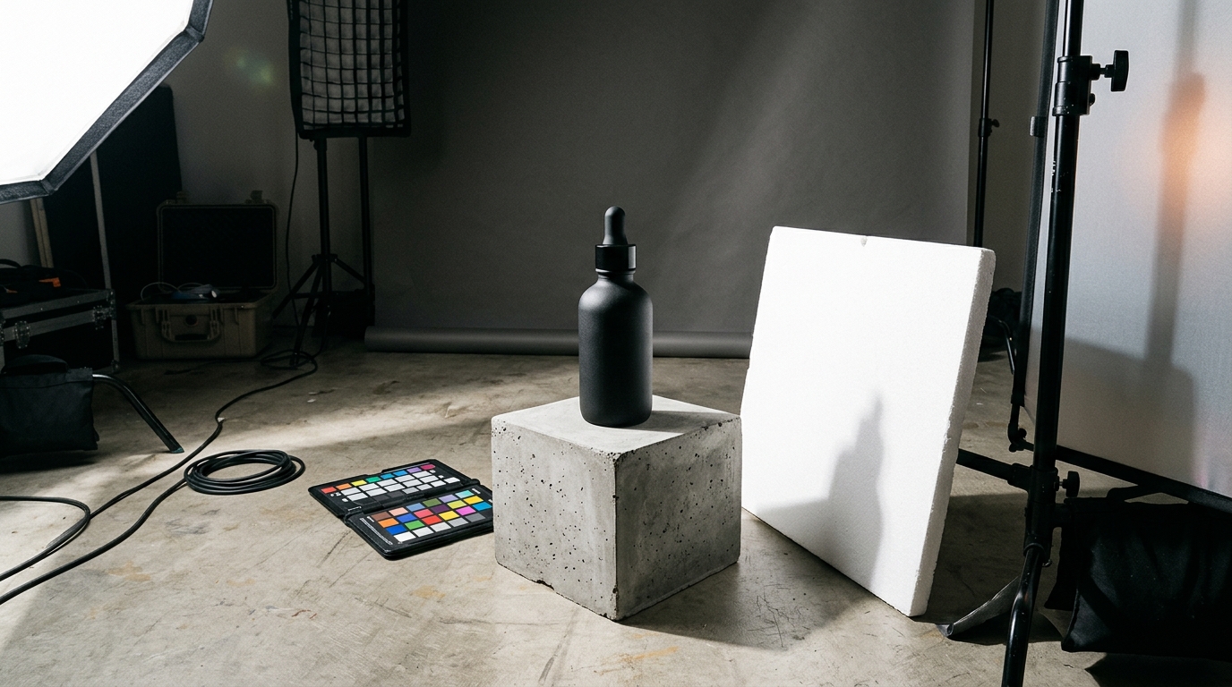 AI-generated on-model product image of a skincare bottle resting on a rough travertine stone block bathed in sharp directional sunlight