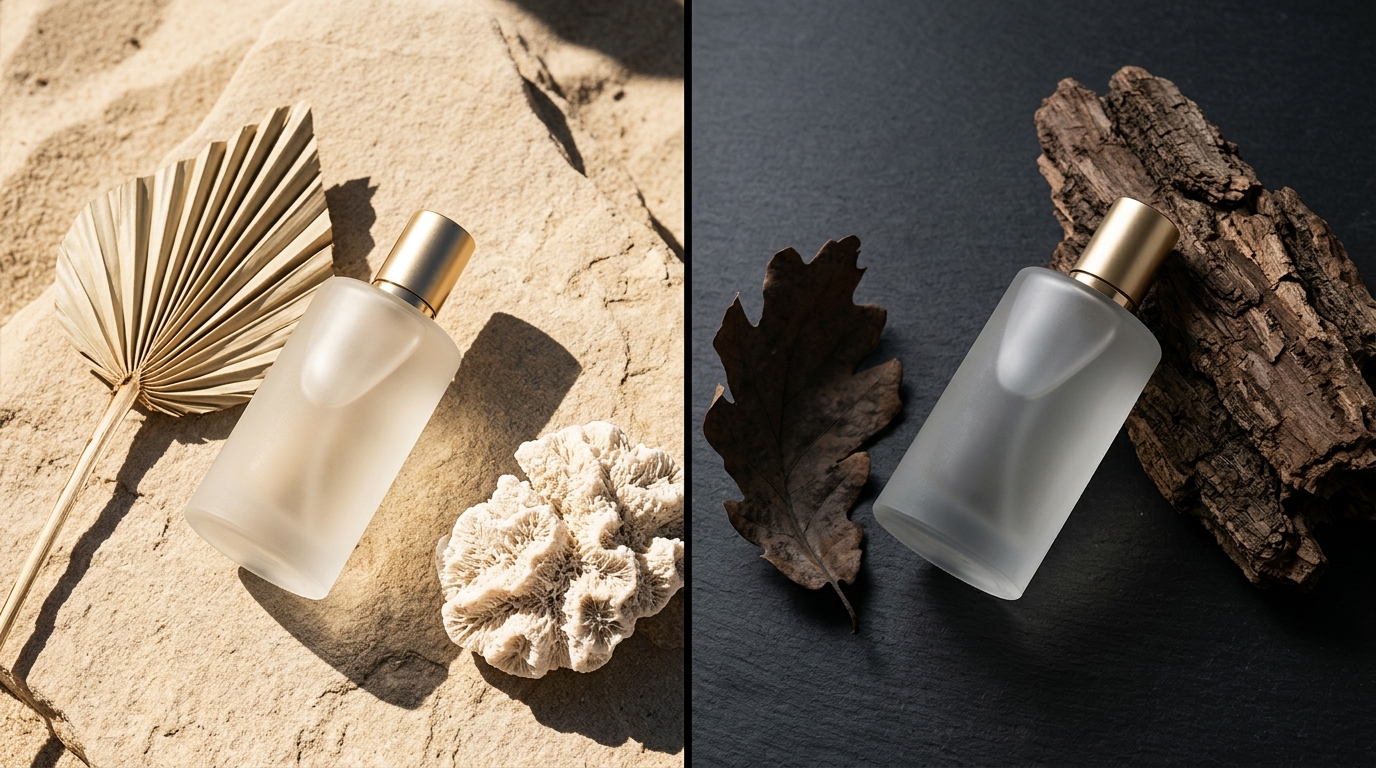 AI-generated cosmetic product sitting on a frosted stone block surrounded by subtle winter pine branches and soft cool lighting