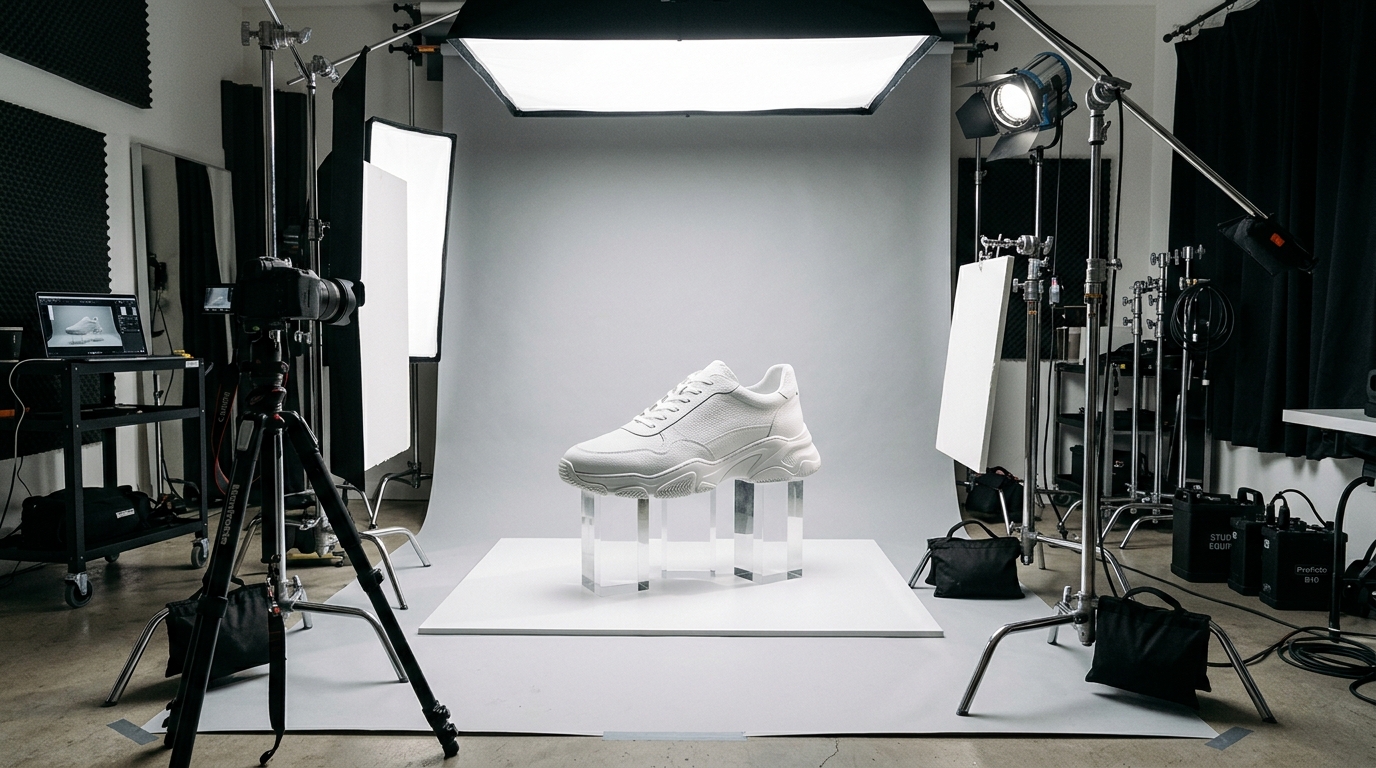 AI-generated product image of a white athletic sneaker styled on a minimalist concrete block against a soft gray background