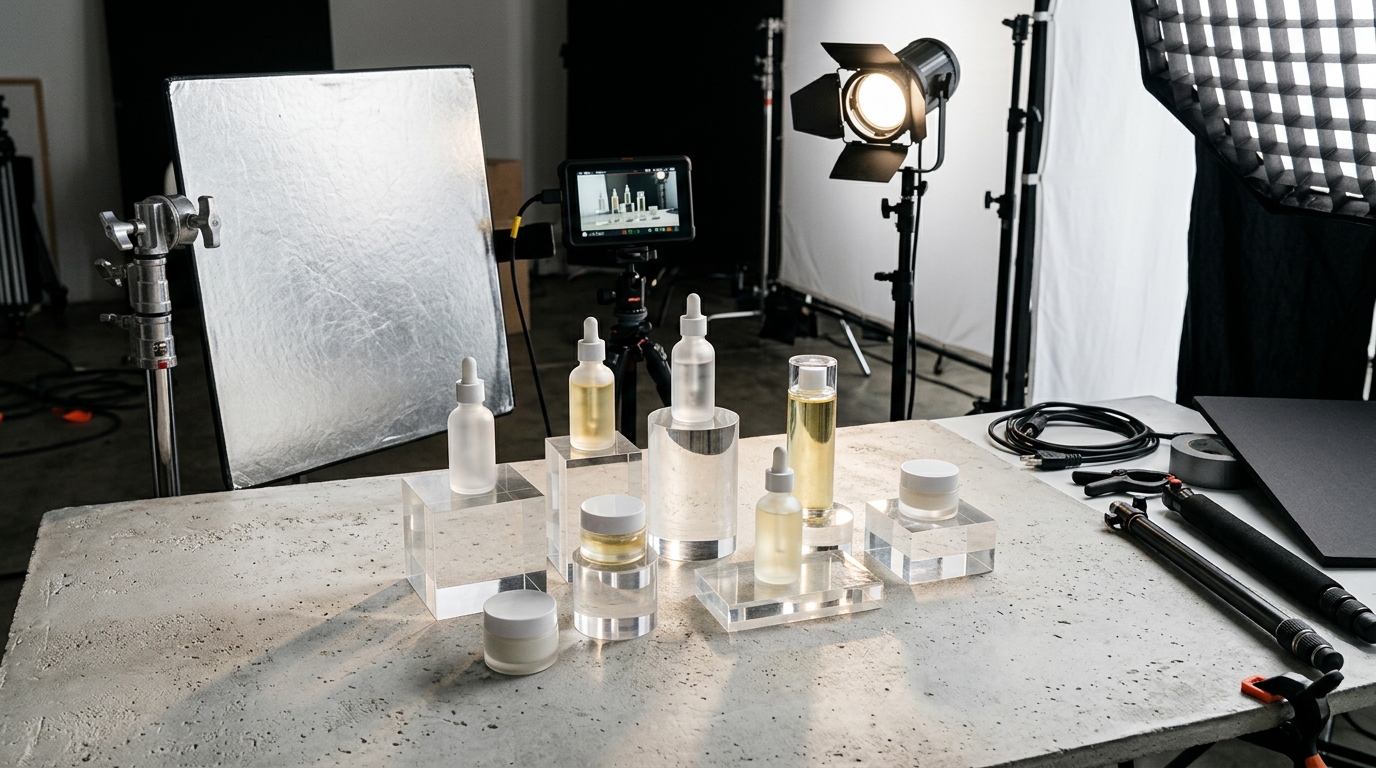 AI-generated on-model product image of a luxury skincare serum dropper bottle against a minimalist spa background with soft natural lighting.